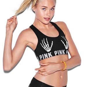 PINK Victoria's Secret Black Skeleton Halloween Fall Sports Bra Small